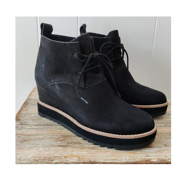 NWOT EILEEN FISHER Capa Wedge Boots Booties Sz 6 M Black Nubuck Leather Lace Up - Picture 4 of 8